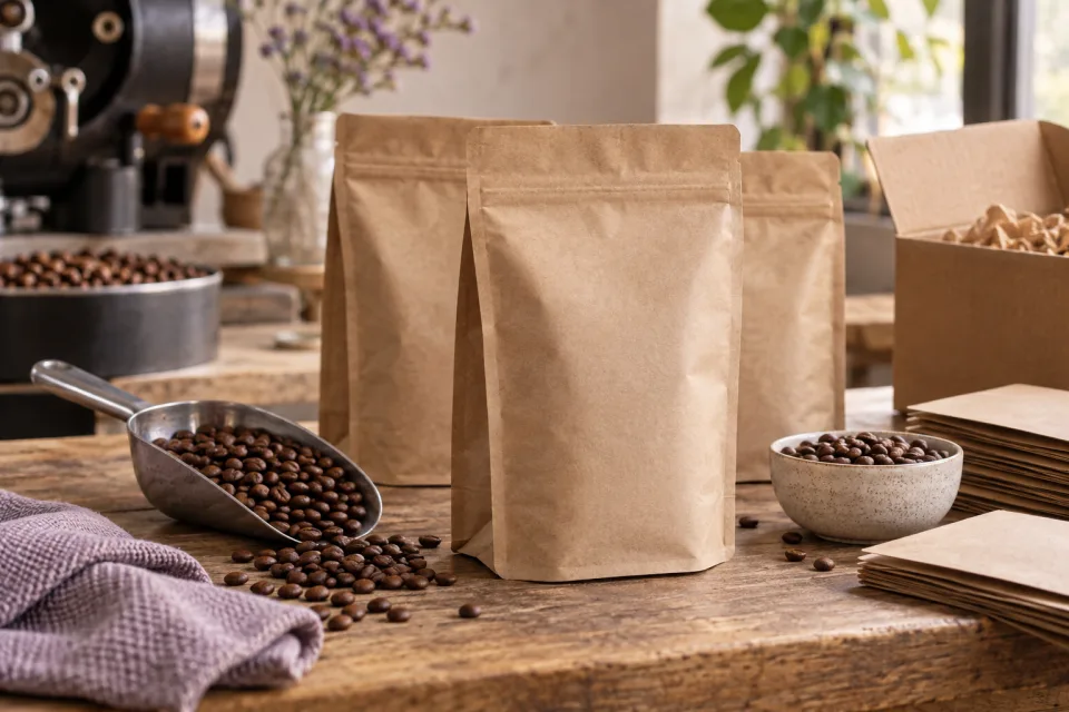 Pacotes de café sem marca e materiais de expedição em cena ilustrativa