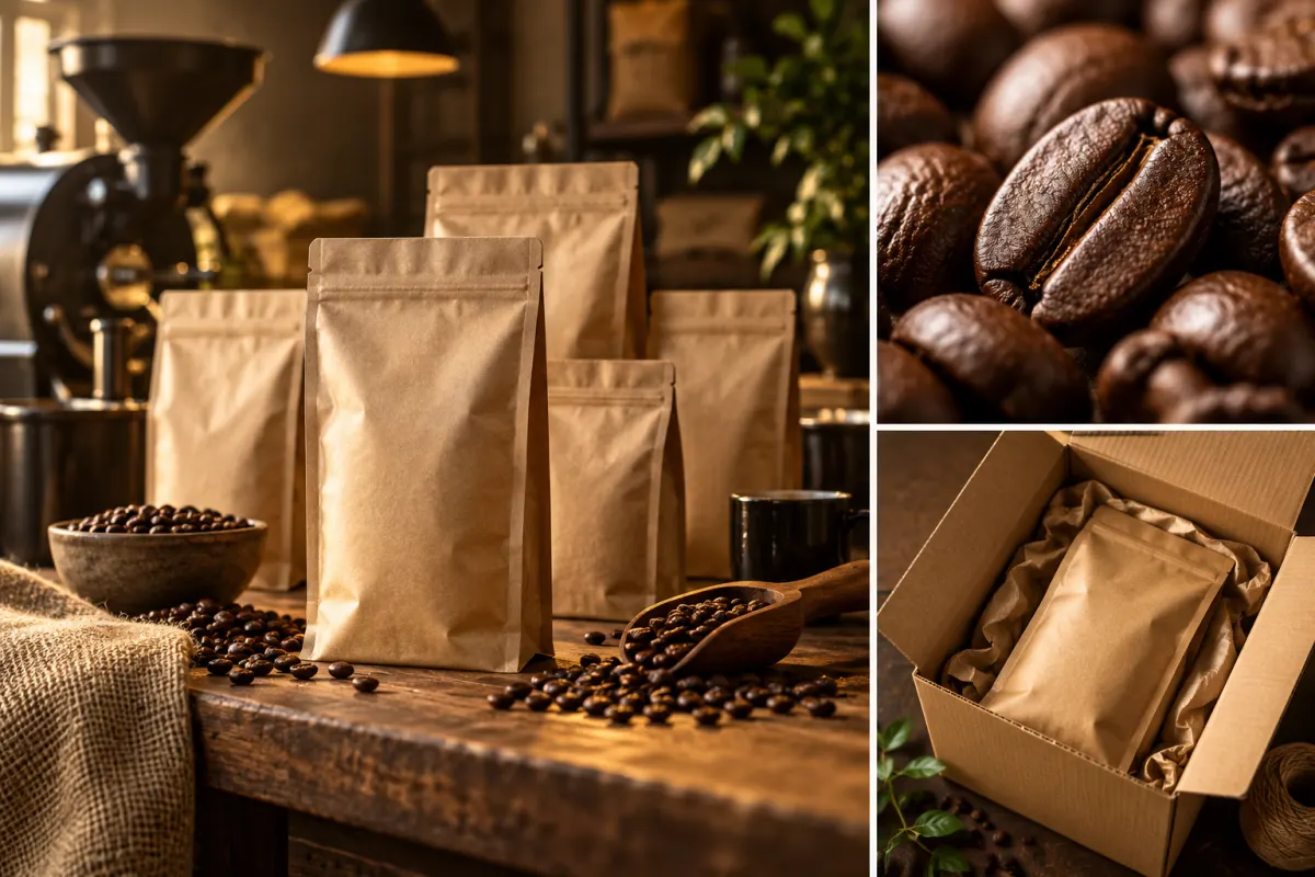 Coleção de cafés embalados, com grãos em detalhe e preparação de uma caixa de envio