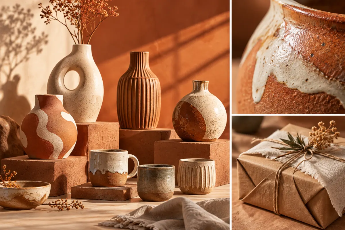 Coleção de cerâmicas artesanais em cenário de argila, com textura e embalagem para presente