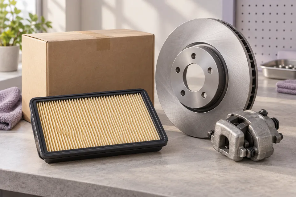 Cena ilustrativa com filtro automotivo, disco de freio e embalagem sem marca