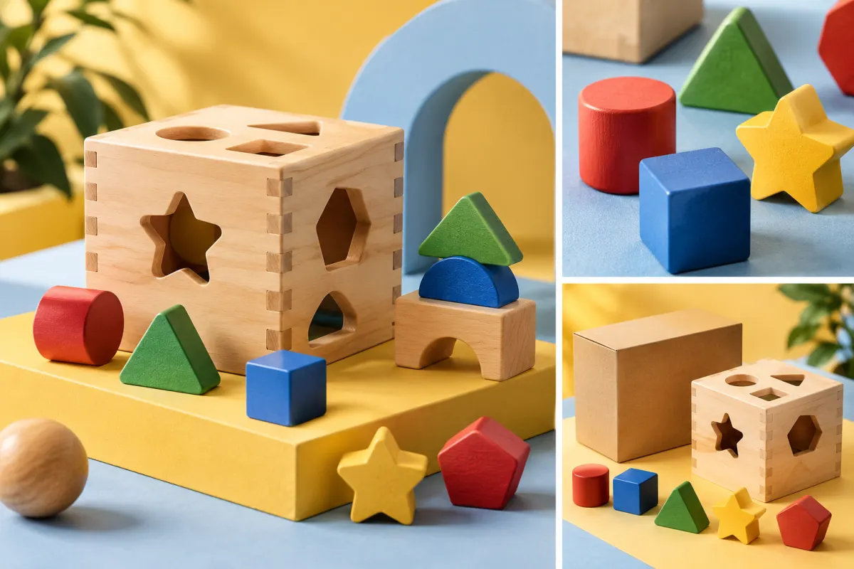 Brinquedo de encaixe e peças coloridas, com detalhes das formas e conteúdo ao lado da caixa