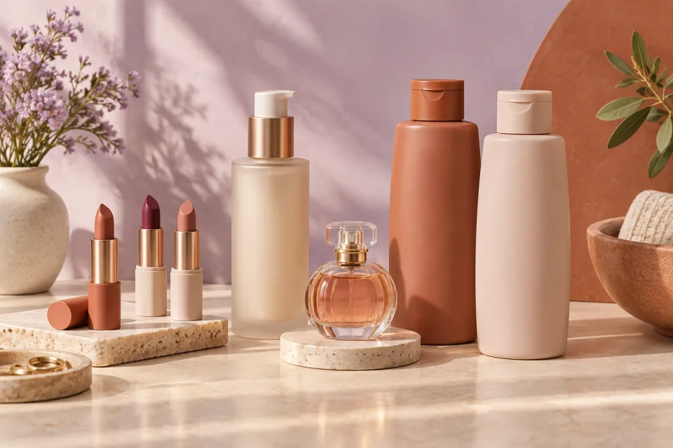 Composição ilustrativa de batons em tons diferentes, perfume e frascos para cuidados pessoais