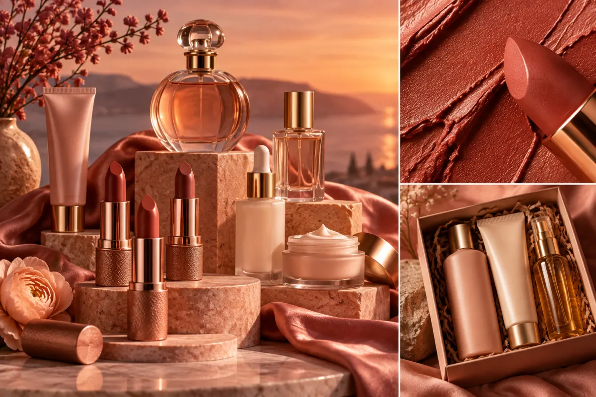 Coleção de beleza em terracota, com batons, perfume, detalhes de textura e conjunto embalado