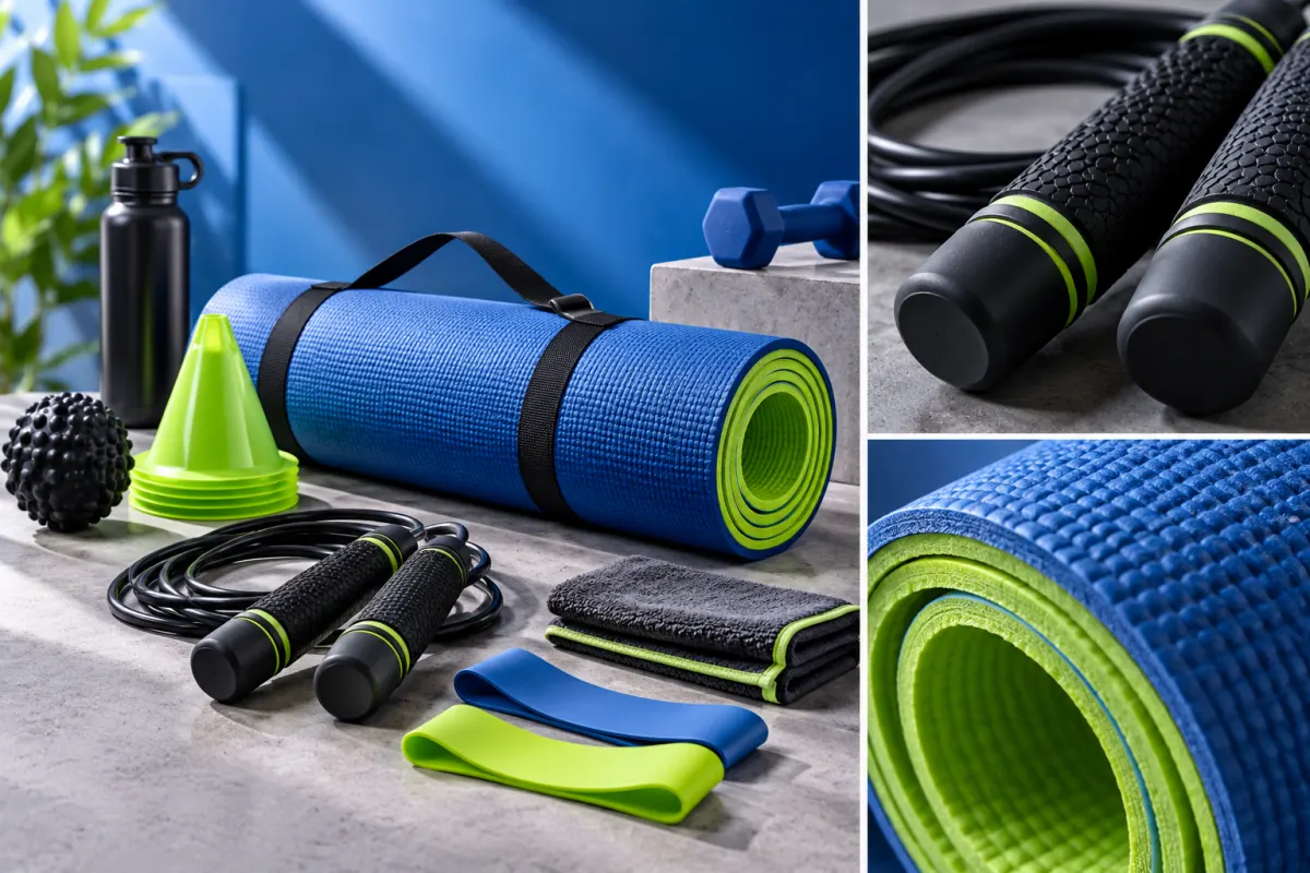 Equipamentos esportivos em composição azul e verde, com detalhes de materiais e componentes