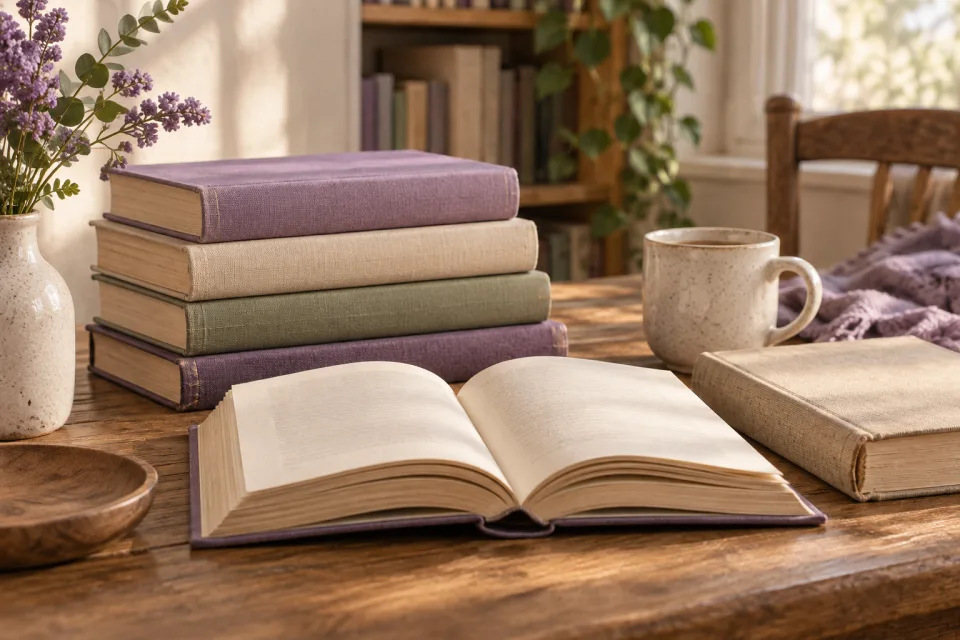 Livros de capas genéricas e exemplar aberto em composição ilustrativa de livraria