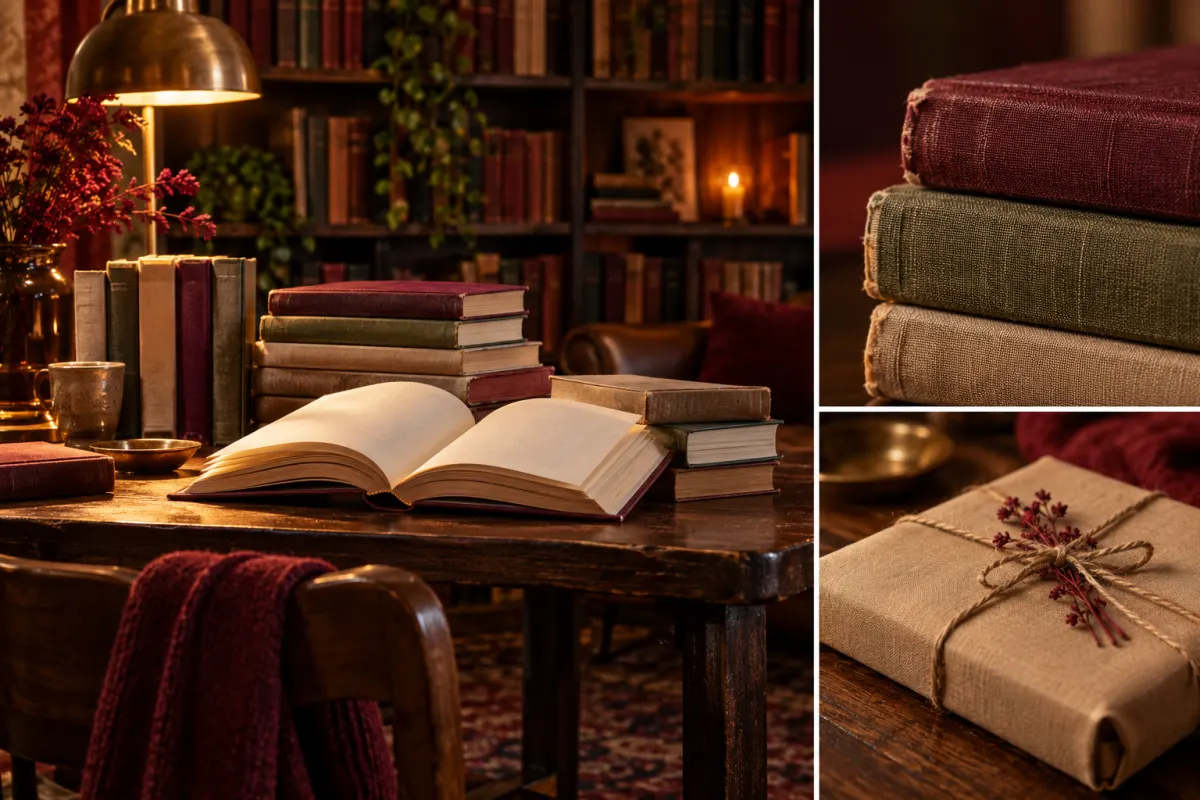 Livros de capas genéricas em ambiente de livraria, com páginas, encadernação e embalagem em destaque