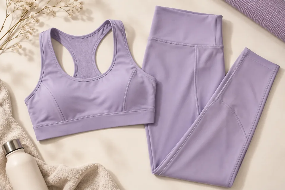 Conjunto de legging e top com detalhes de tecido, em cena ilustrativa