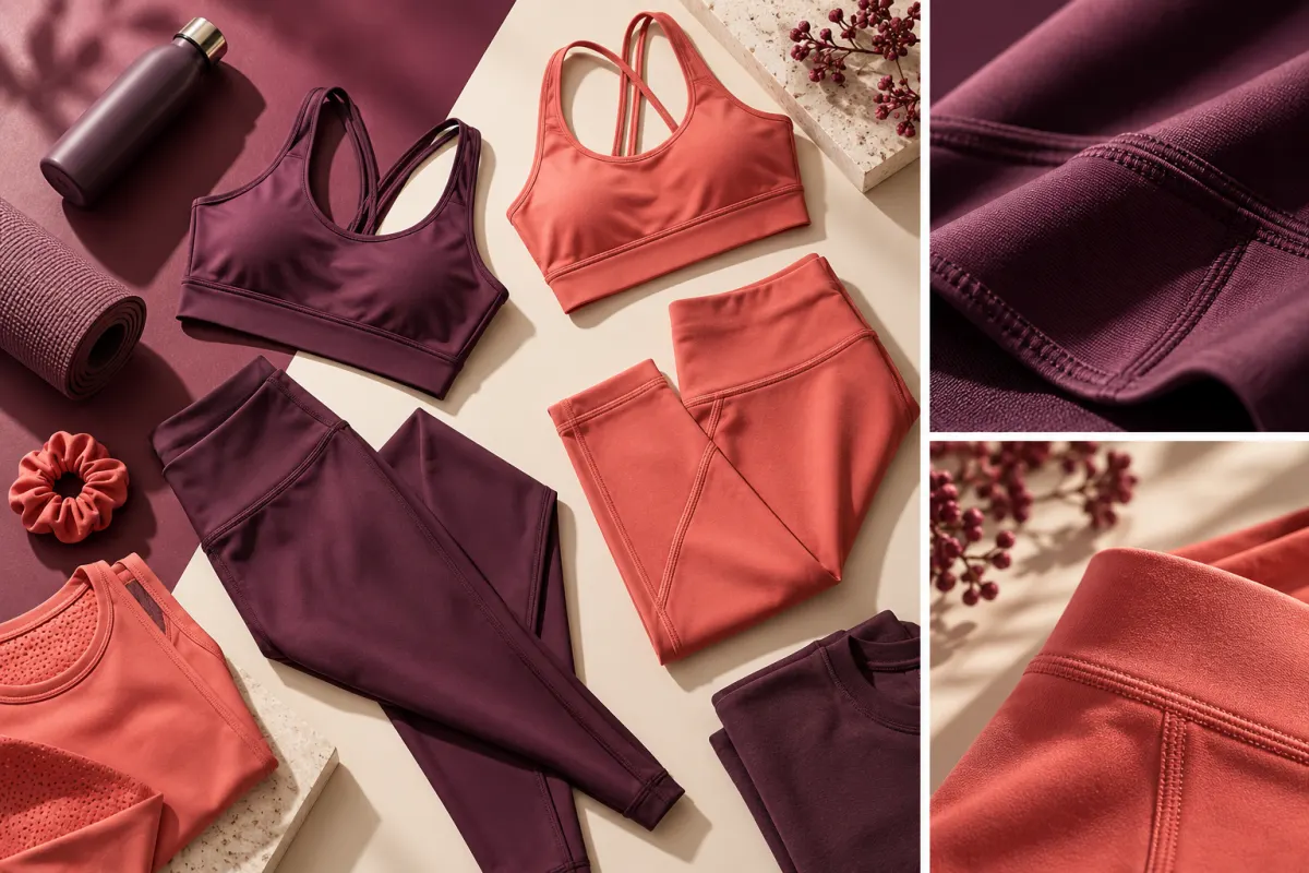 Tops e leggings em composição de campanha, com detalhes do tecido e peças separadas