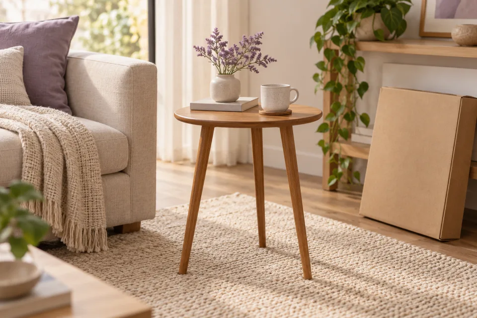 Mesa lateral em ambiente com embalagem e detalhes de madeira em cena ilustrativa