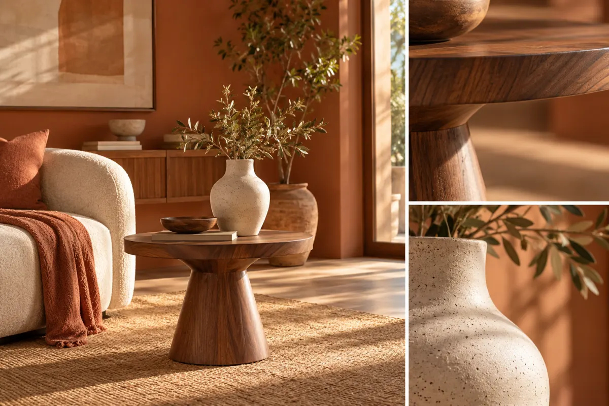 Mesa de madeira em ambiente decorado, com aproximação do acabamento e vista do conjunto