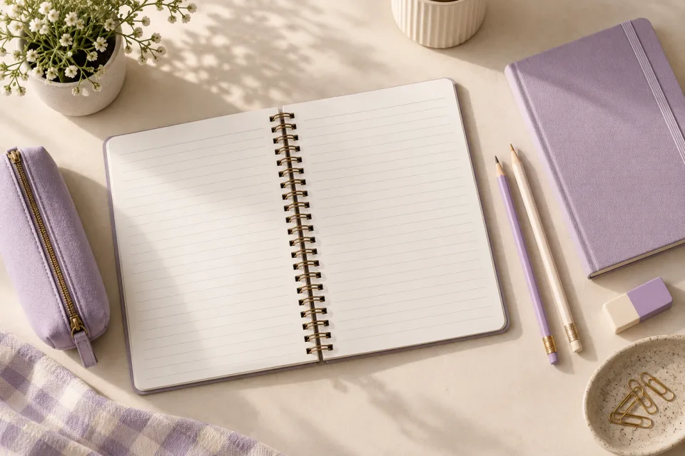 Caderno, lápis e materiais escolares organizados em uma cena ilustrativa