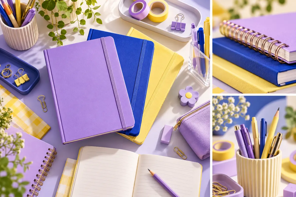 Cadernos e materiais escolares em composição colorida, com detalhes de páginas e conjunto organizado