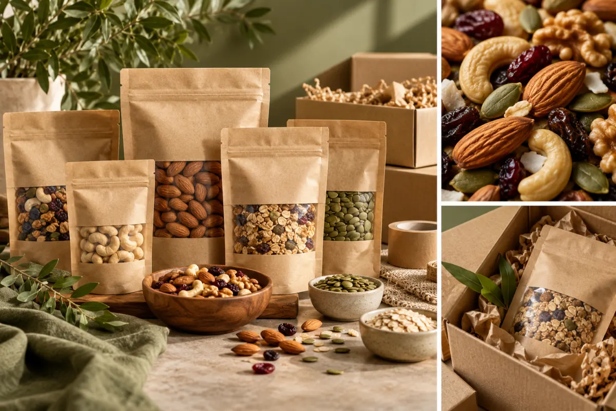 Produtos naturais embalados em composição verde e areia, com ingredientes em detalhe e pacotes organizados