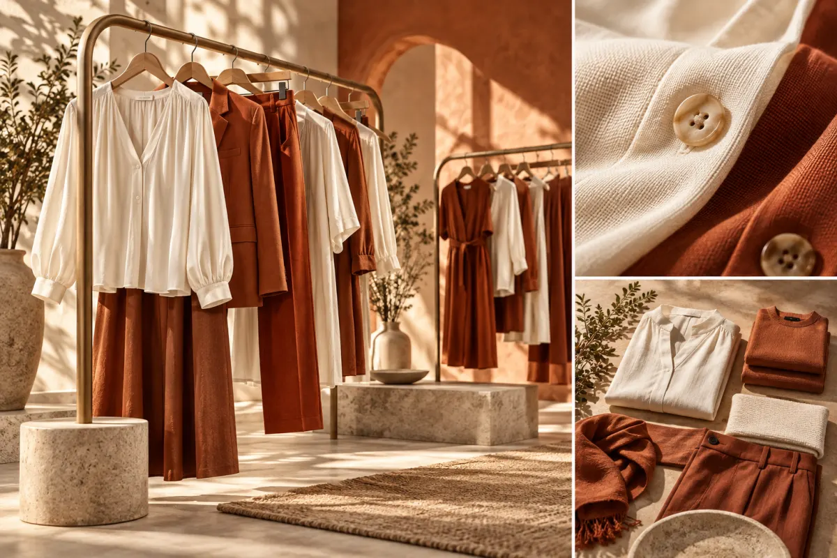 Coleção de roupas em tons de ferrugem e creme, com detalhes de tecido e peças coordenadas