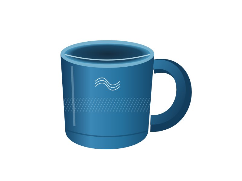 Caneca azul ilustrada sobre fundo branco opaco.