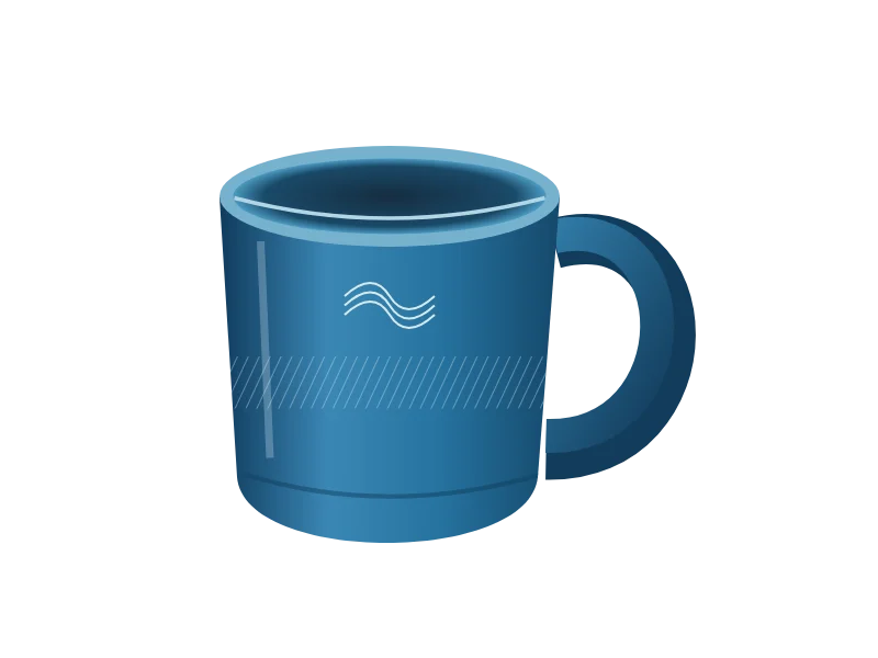 Ilustração de caneca azul com alça à direita, linhas claras e margem ao redor.